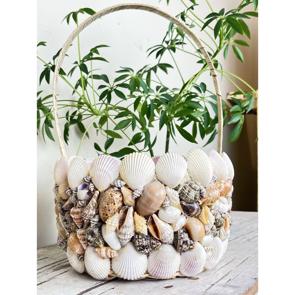 Vintage Nautical Coastal Shell Encrusted Decorative Handled Basket / Beach Home